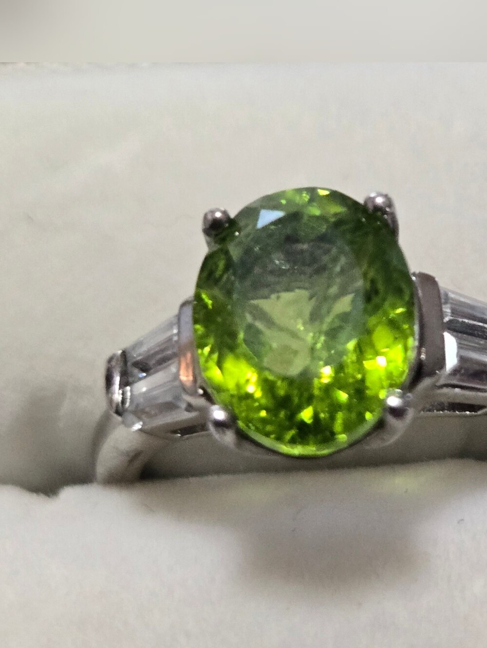 3.30 ctw Manchurian Peridot and White Zircon, Rhodium Over Sterling Silver Ring
